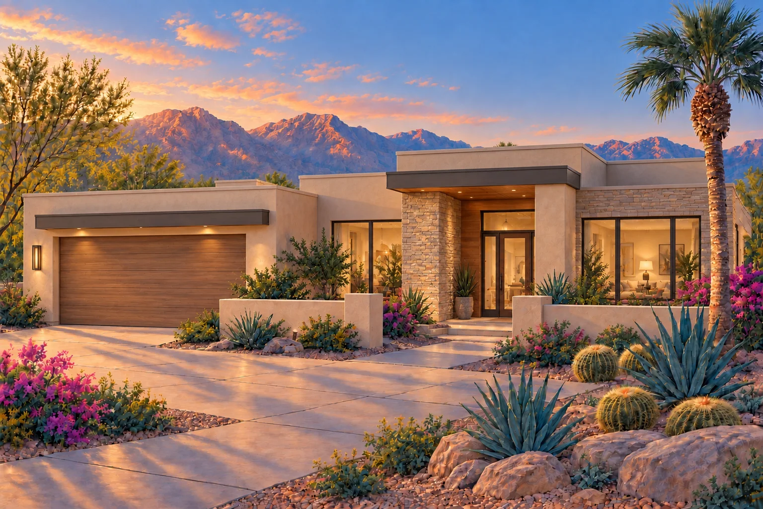 Design concept of a contemporary Arizona home with natural stone, warm wood, and mountain views at sunrise