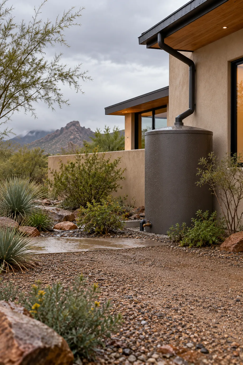 Rainwater collection concept: a storage tank beside a contemporary Arizona home and desert garden