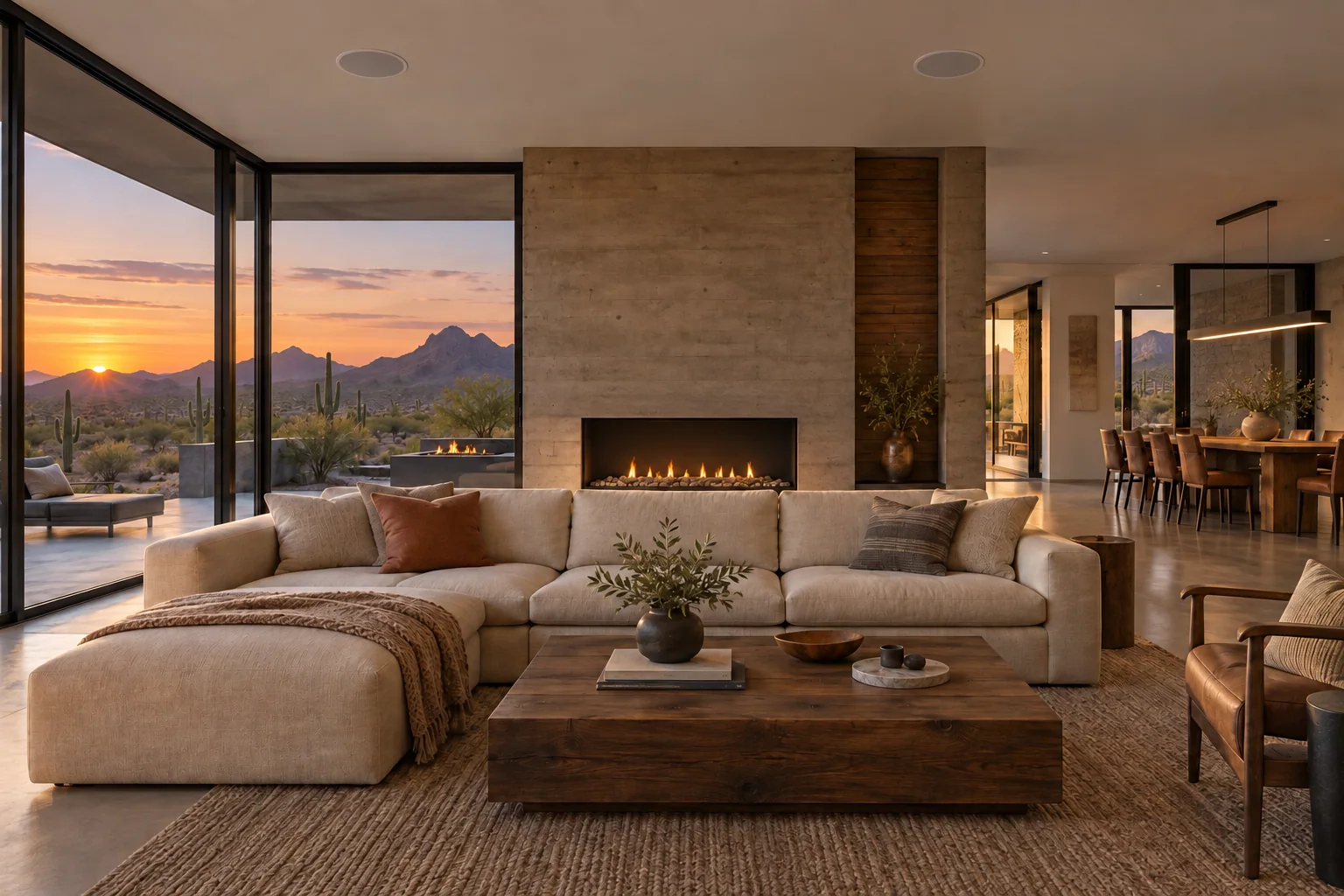 Design inspiration: a warm modern living room with two evenly spaced ceiling speakers, integrated wood cabinetry, and an adjoining dining area