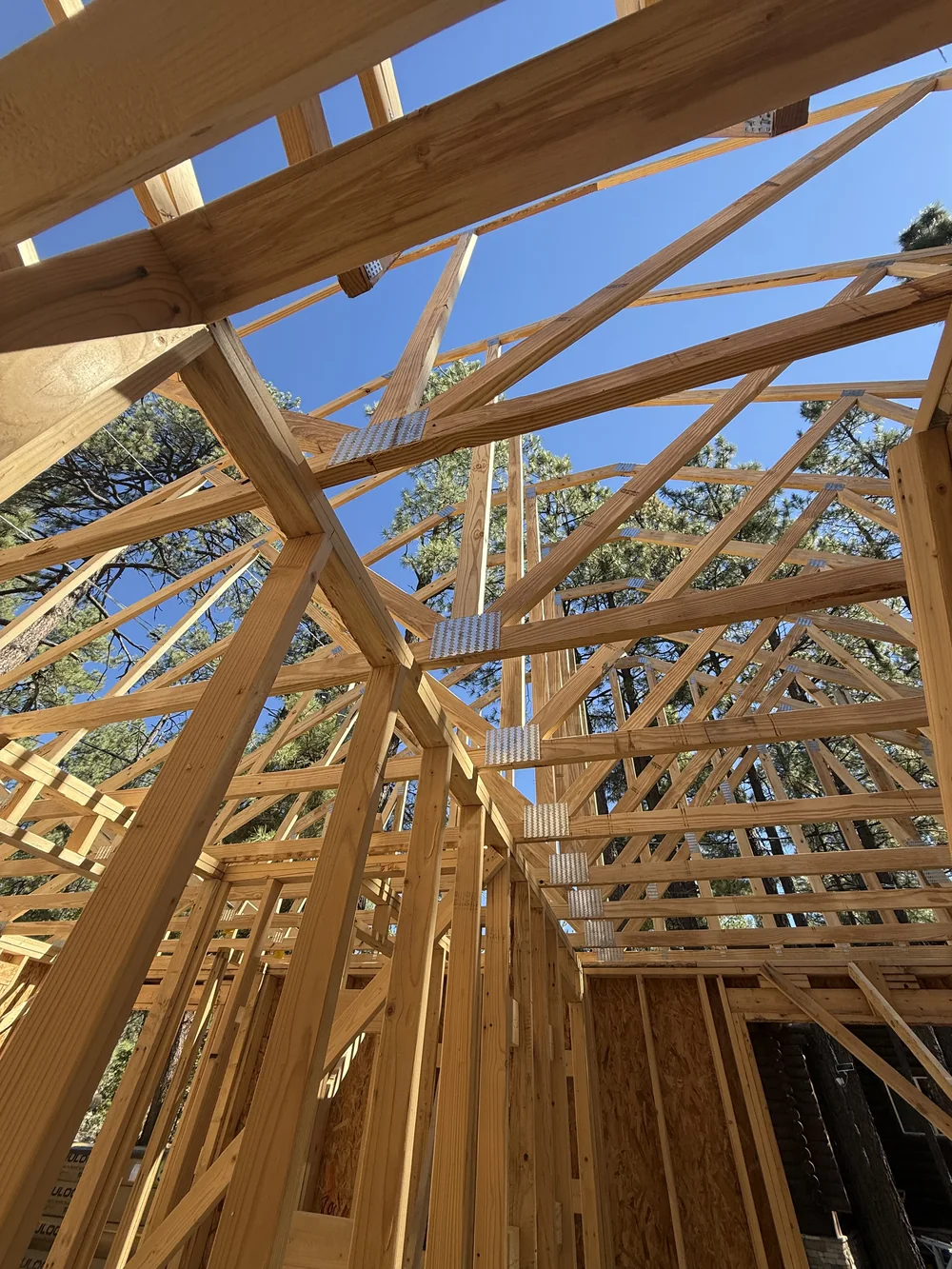 Timber roof trusses and metal connector plates beneath blue sky at the Munds Park cottage